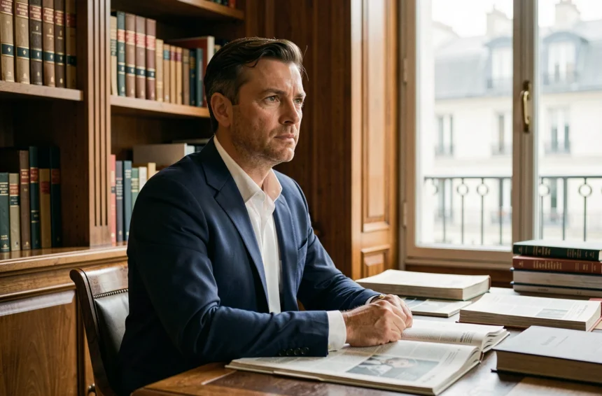 Portrait éditorial d'un homme élégant dans la quarantaine assis à un bureau parisien entouré de livres et de journaux