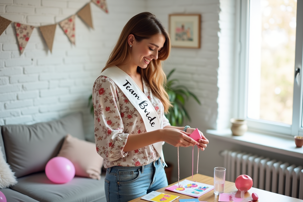 Jeune femme arrangeant des jeux et accessoires dans un salon moderne