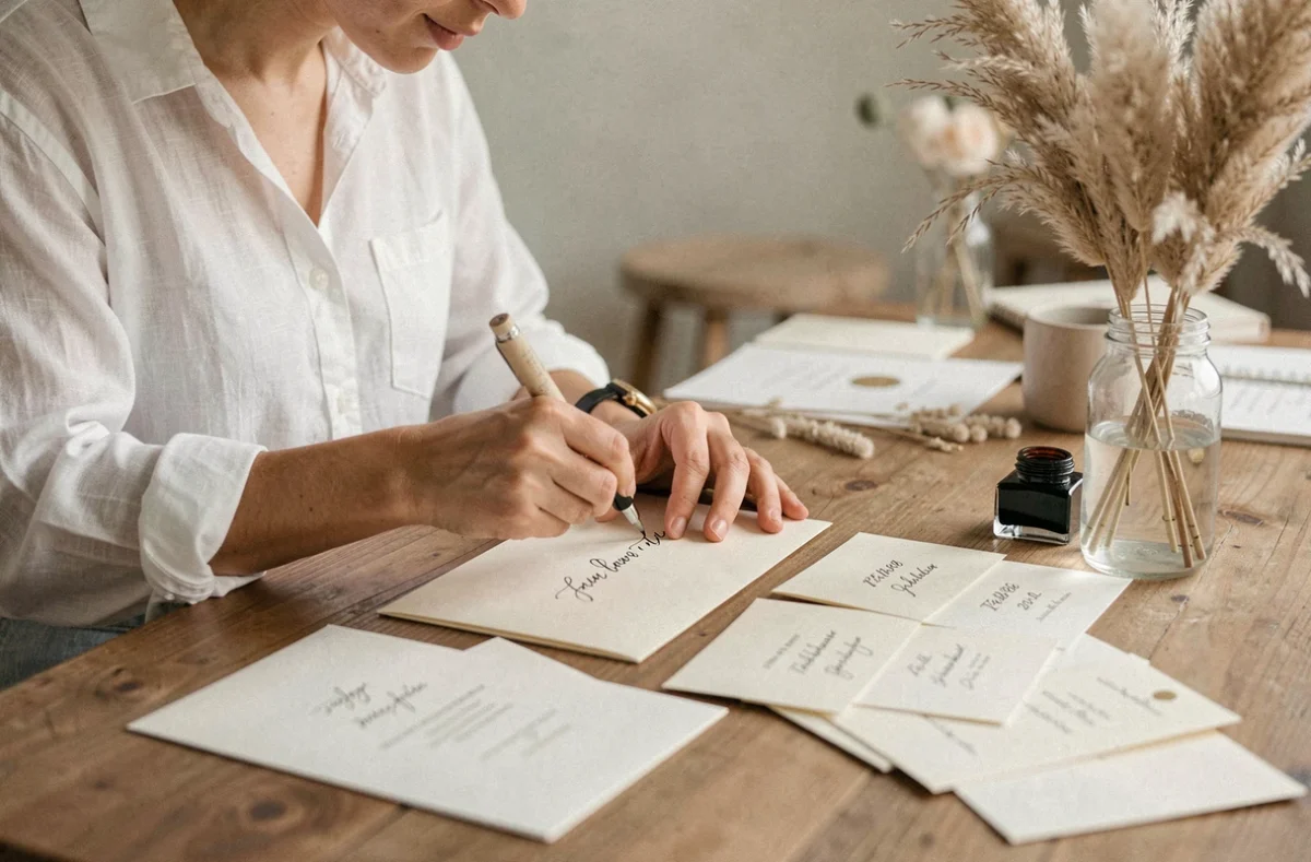 Femme préparant les enveloppes calligraphiées de sa papeterie de mariage personnalisée