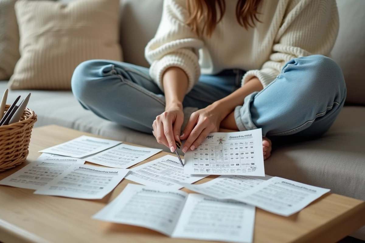 Jeune femme préparant un kit jeu EVJF à imprimer en découpant des cartes imprimées sur un canapé