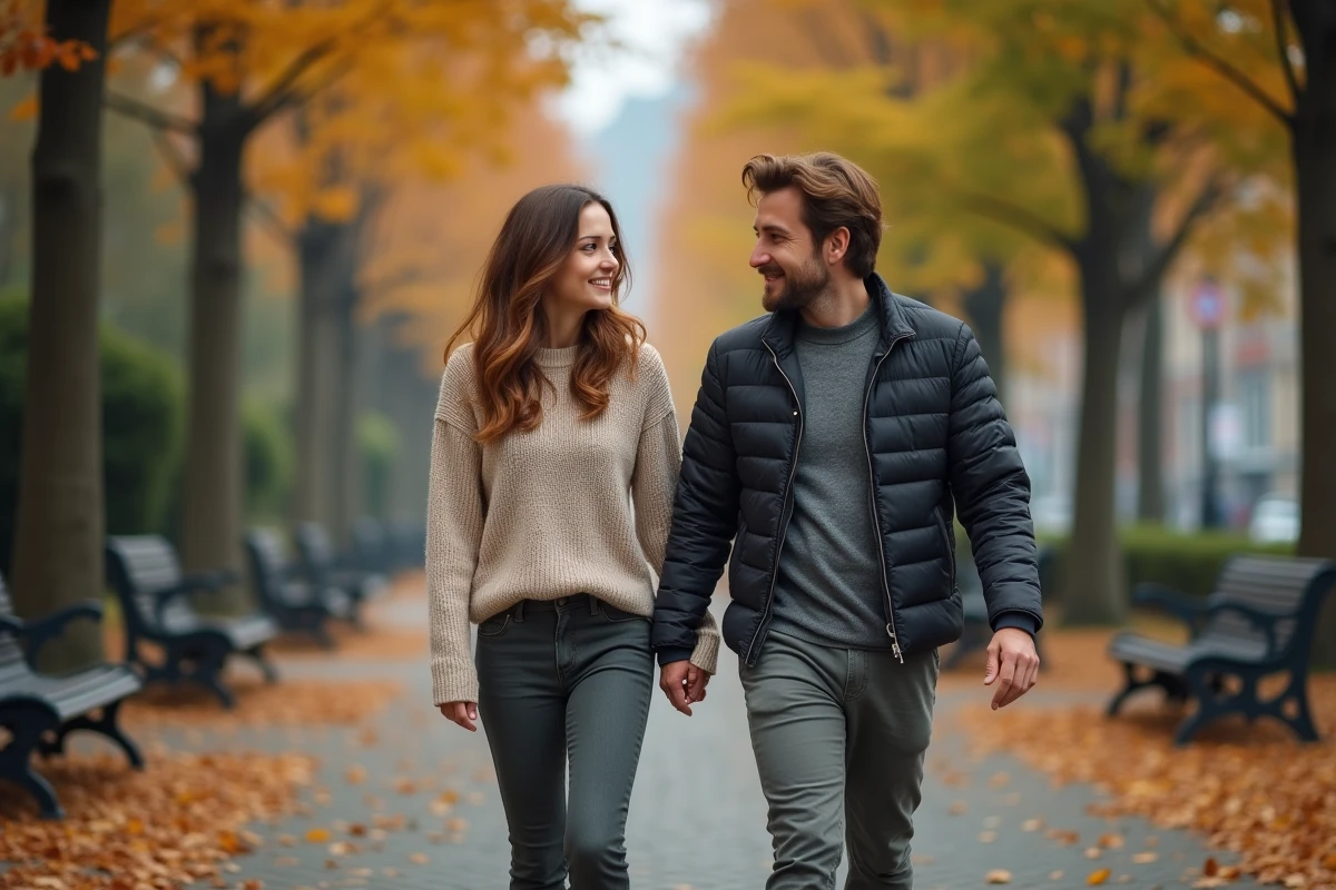 Femme et son compagnon se promenant dans un parc urbain en automne, symbolisant les choix de vie partagés en couple