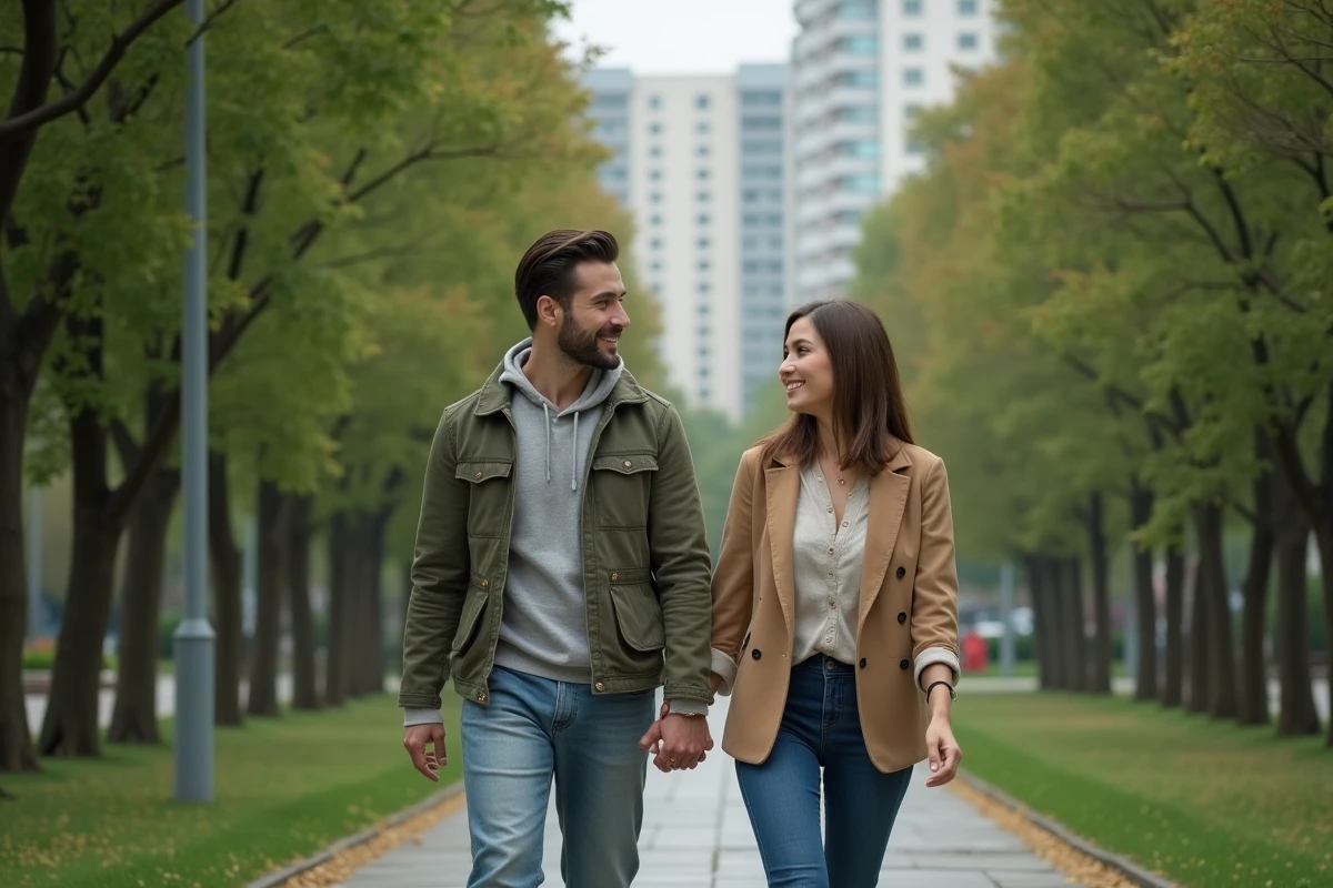 Couple marchant dans un parc urbain calme