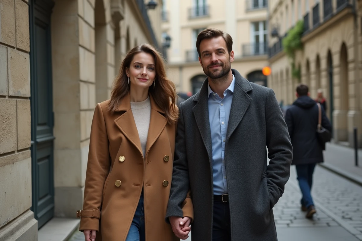 Jeune femme marchant avec un homme dans une rue parisienne