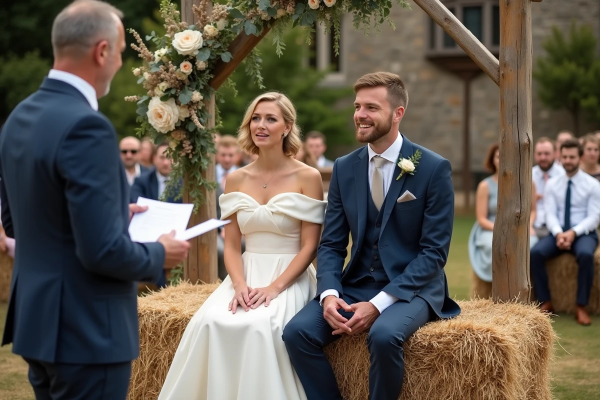 Couple de mariés participant à un quiz animé lors d'un mariage champêtre en extérieur avec décor en bois et verdure