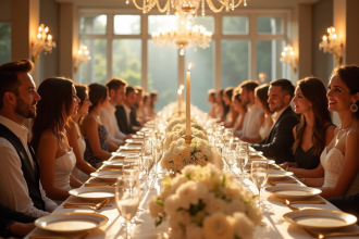 Réception de mariage élégante avec table décorée