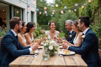 Groupe d'adultes lors d'une reception de mariage en extérieur