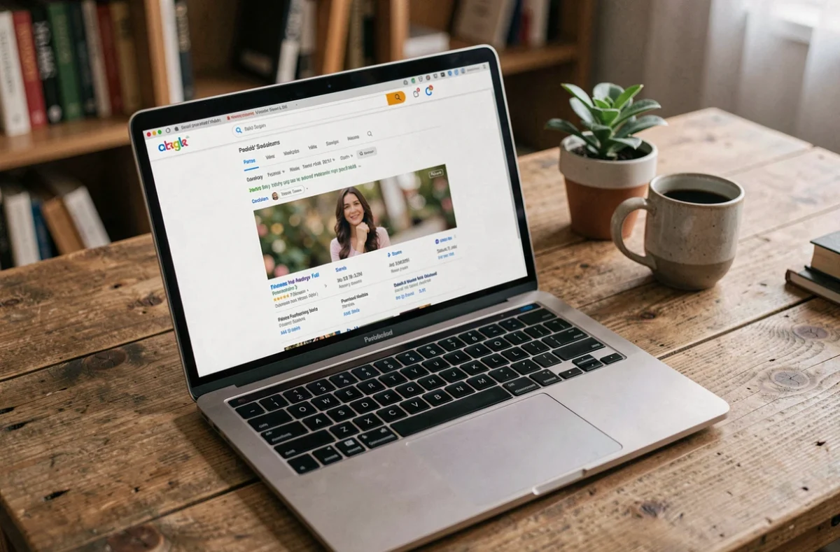 Ordinateur portable ouvert sur un bureau en bois avec une page de résultats de recherche sur un conjoint de personnalité publique