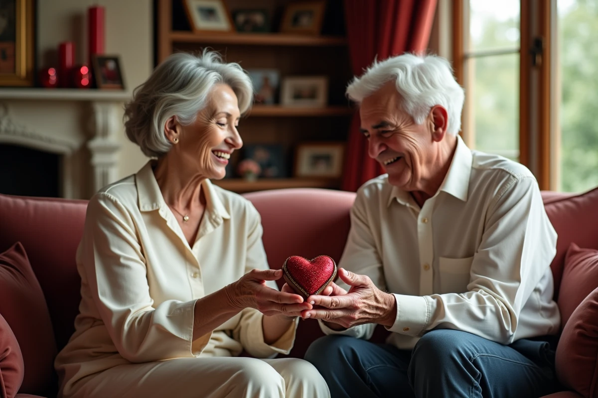 Couple échangeant un rituel symbolique avec un coffret en forme de cœur lors de la célébration de leurs noces de rubis
