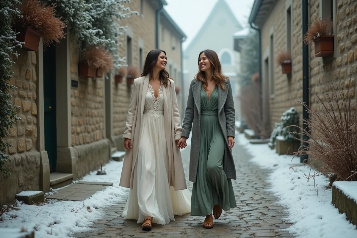 Mariée en robe bohème en chiffon avec sa demoiselle d'honneur marchant dans un village enneigé en hiver