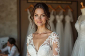 Femme en robe de mariée dans un atelier de couture