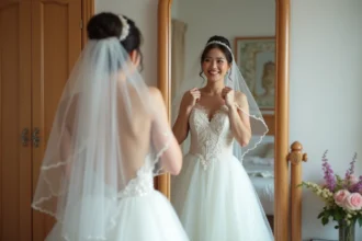 Femme souriante en robe de mariée blanche élégante