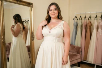 Femme ronde essayant une robe de mariée ivoire en dentelle dans une boutique de mariage, reflet dans un grand miroir