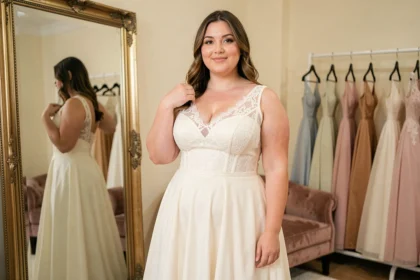 Femme ronde essayant une robe de mariée ivoire en dentelle dans une boutique de mariage, reflet dans un grand miroir