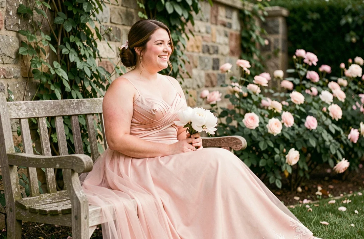 Mariée grande taille en robe rose empire assise dans un jardin fleuri tenant un bouquet de pivoines blanches