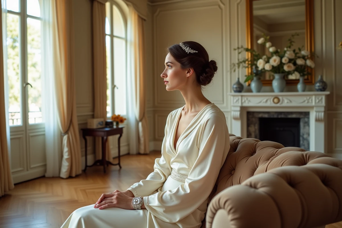 Femme en robe de mariée vintage années 1930 en satin de soie blanc antique à biais, assise sur un canapé en velours dans un appartement haussmannien parisien avec parquet et moulures
