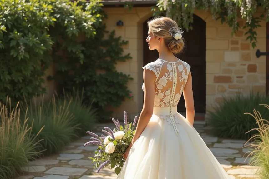 Femme en robe de mariée vintage des années 1950 en dentelle ivoire avec jupon en tulle, debout dans un jardin de campagne française avec des roses grimpantes sur un mur en pierre