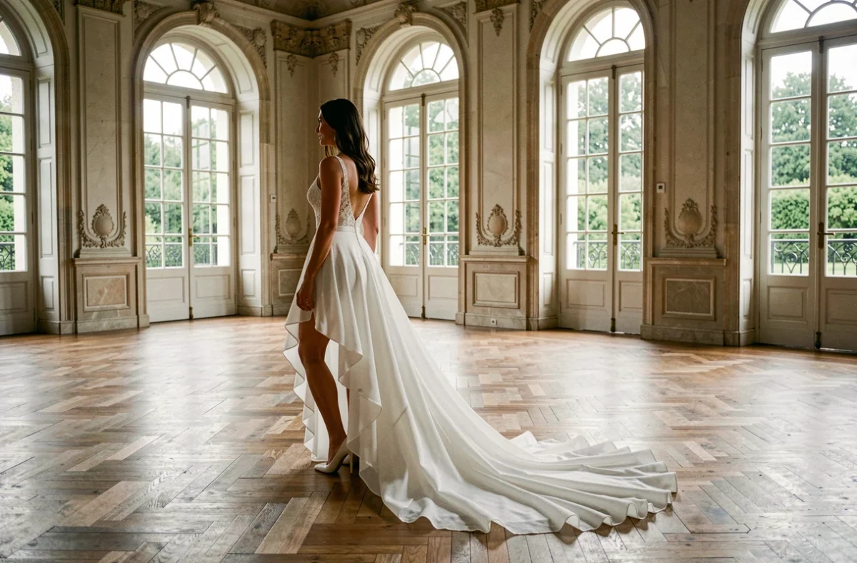 Femme en robe de mariée asymétrique chiffon blanc vue de dos dans un château, traîne longue s'étalant sur un parquet en bois élégant
