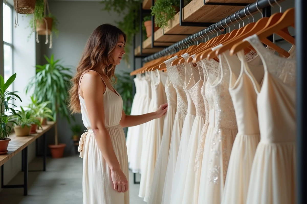Femme en robe de mariée bohème minimaliste en tissu écru feuilletant une sélection de robes originales dans un concept store de Nantes