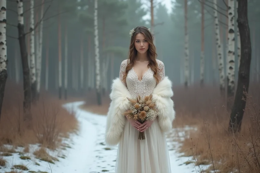 Mariée en robe bohème avec étole en fausse fourrure dans une forêt enneigée en hiver