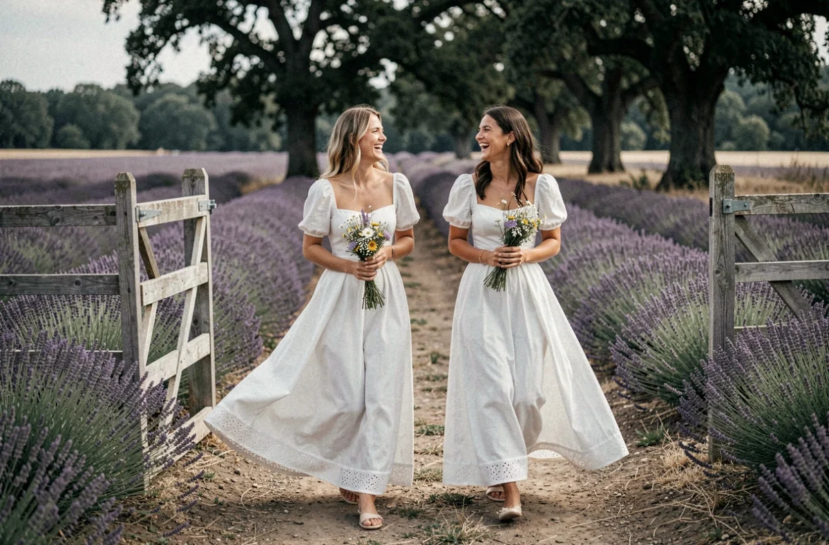 Mariée en robe bohème à manches bouffantes marchant dans un champ de lavande avec sa demoiselle d'honneur