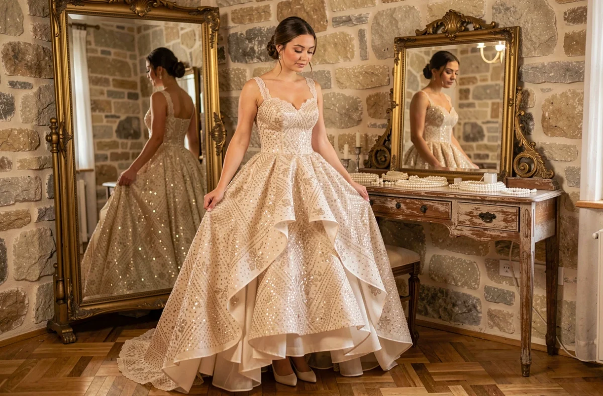 Mariée en robe princesse bouffante à paillettes champagne se regardant dans un miroir ancien dans une loge nuptiale