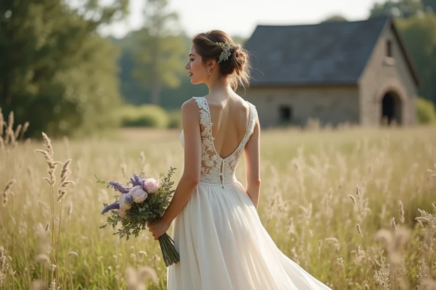 Mariée en robe champêtre ivoire en dentelle tenant un bouquet de pivoines dans une prairie fleurie avec grange en arrière-plan