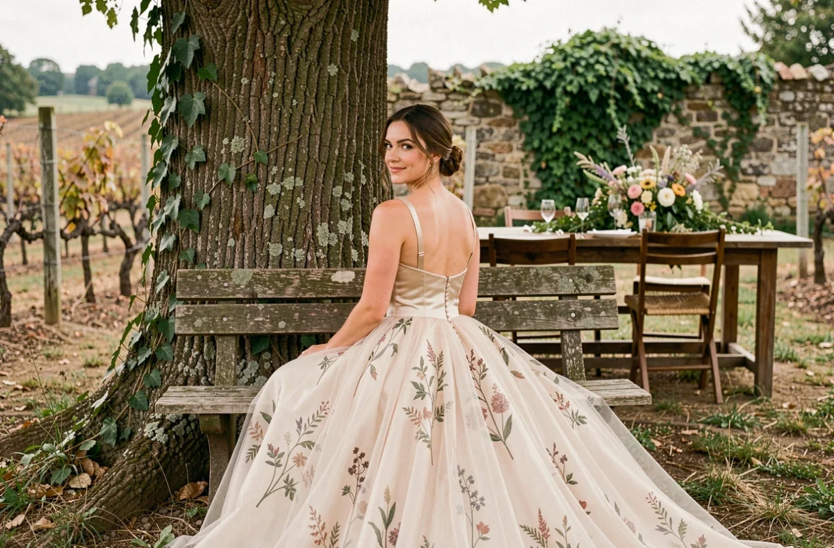 Mariée élégante en robe champêtre à jupe en tulle assise sous un chêne dans un vignoble rustique