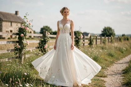 Mariée en robe chic avec dentelle et mousseline dans un champ de fleurs sauvages pour un mariage champêtre