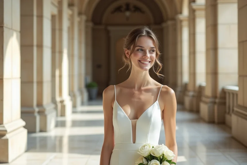 Femme en robe de mariée civile courte minimaliste en crêpe blanc dans un couloir de mairie parisienne, bouquet de renoncules ivoire à la main