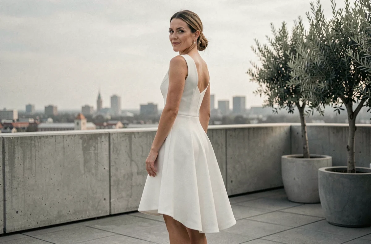 Mariée moderne en robe courte devant longue derrière en crêpe sur une terrasse urbaine, regard par-dessus l'épaule avec élégance et naturel
