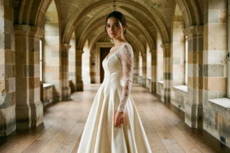 Mariée en robe longue manche en dentelle ivoire dans un couloir de château français, silhouette complète élégante
