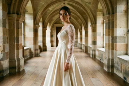 Mariée en robe longue manche en dentelle ivoire dans un couloir de château français, silhouette complète élégante