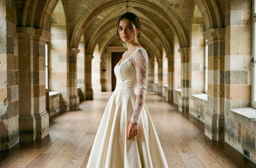 Mariée en robe longue manche en dentelle ivoire dans un couloir de château français, silhouette complète élégante