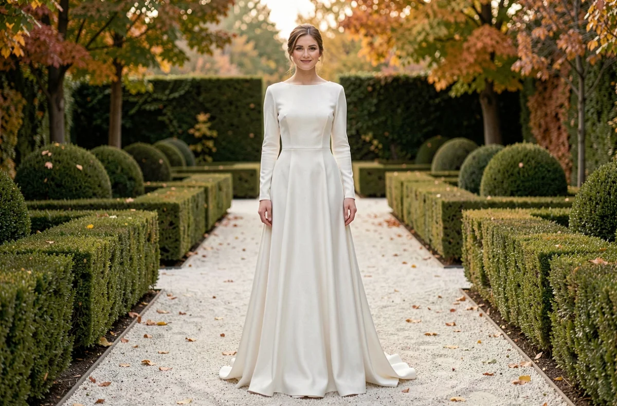 Mariée en robe longue manche en soie crêpe dans un jardin à la française en automne, silhouette épurée élégante