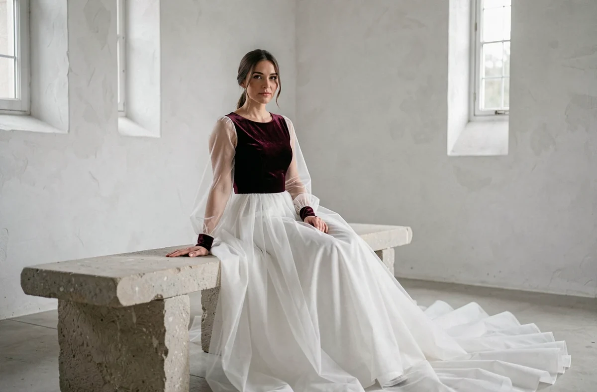 Mariée assise en robe longue manche velours et organza dans une chapelle blanche, robe volumineuse avec traîne cathédrale