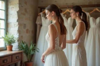 Jeune femme essayant une robe de mariée originale aux épaules structurées dans une boutique indépendante à Nantes aux murs en pierre apparente