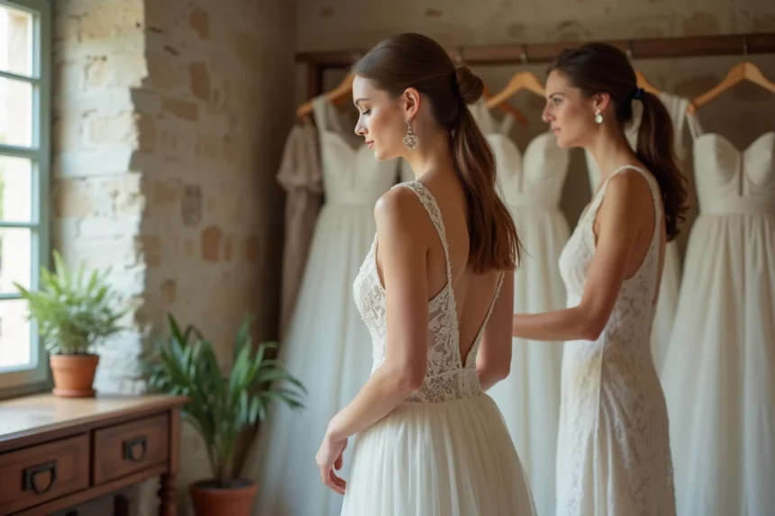 Jeune femme essayant une robe de mariée originale aux épaules structurées dans une boutique indépendante à Nantes aux murs en pierre apparente