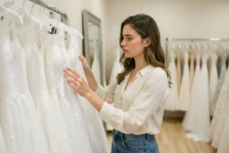 Jeune femme examinant les étiquettes de prix sur des robes de mariée dans une boutique, expression préoccupée par le budget