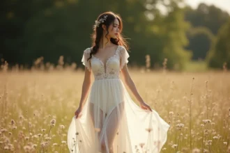 Femme petite en robe de mariée bohème en dentelle et mousseline dans un champ de fleurs sauvages