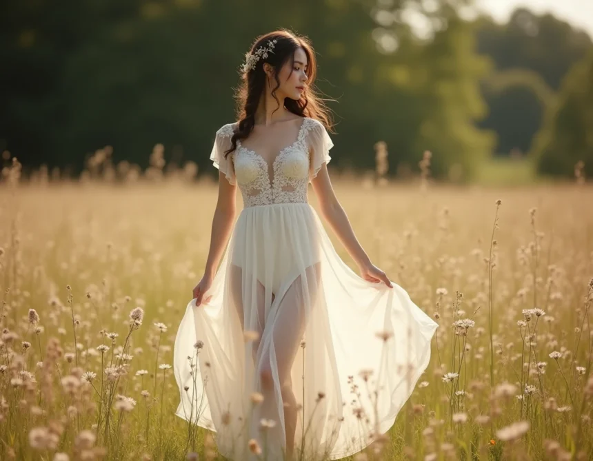 Femme petite en robe de mariée bohème en dentelle et mousseline dans un champ de fleurs sauvages