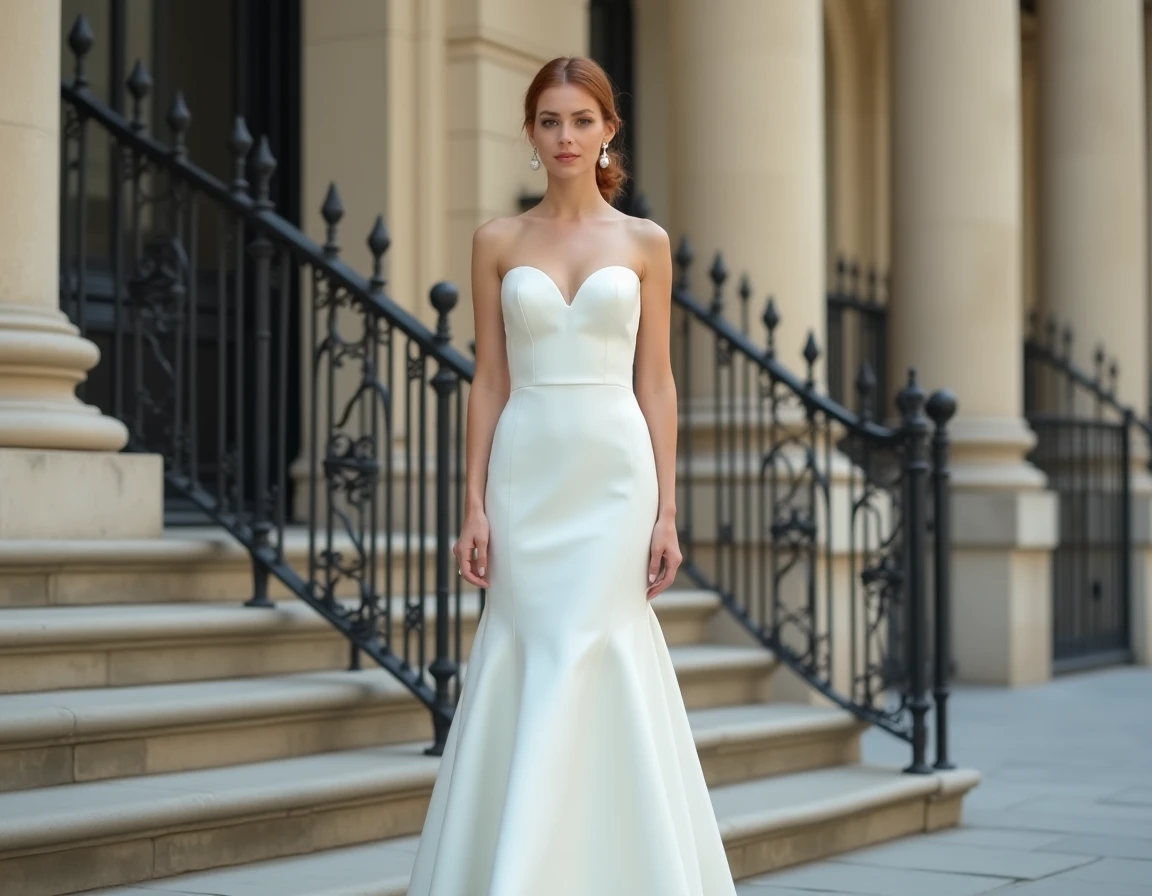Mariée petite en robe chic ajustée style parisien devant une façade haussmannienne élégante