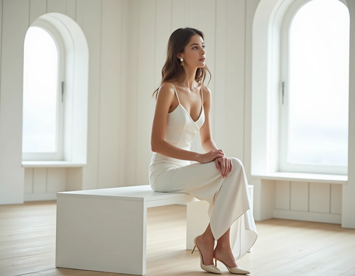 Femme de petite taille en robe de mariée minimaliste en soie mate assise dans une chapelle scandinave épurée