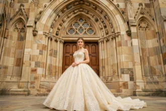 Mariée en robe princesse bouffante à paillettes devant l'entrée d'une église gothique pour un mariage religieux