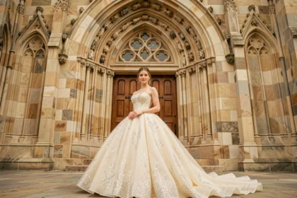 Mariée en robe princesse bouffante à paillettes devant l'entrée d'une église gothique pour un mariage religieux