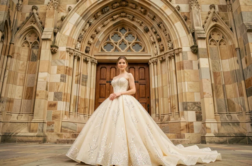 Mariée en robe princesse bouffante à paillettes devant l'entrée d'une église gothique pour un mariage religieux