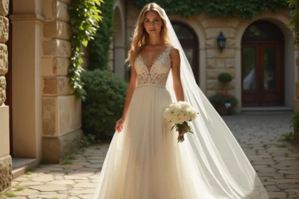 Femme portant une robe trapèze ivoire pour mariage dans une cour parisienne en pierre