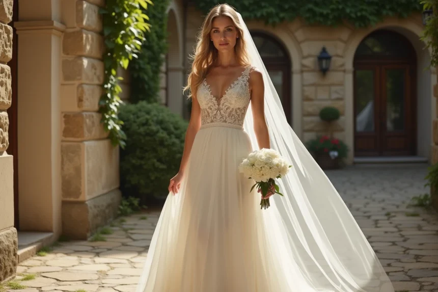 Femme portant une robe trapèze ivoire pour mariage dans une cour parisienne en pierre