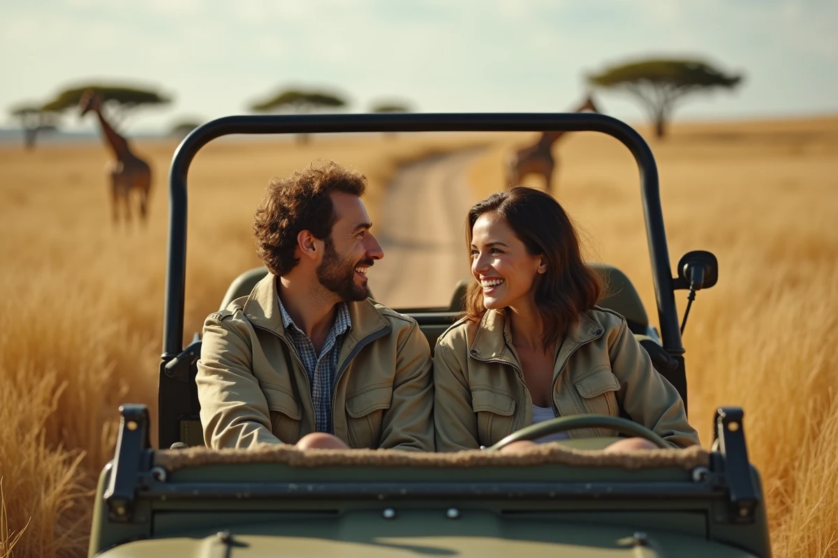 Couple en safari avec girafes dans la savane