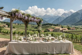 Table de réception de mariage en plein air dans les Pyrénées-Atlantiques avec vue sur les collines basques