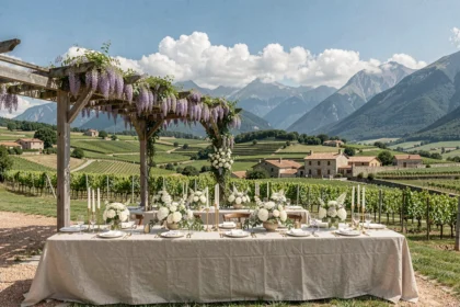 Table de réception de mariage en plein air dans les Pyrénées-Atlantiques avec vue sur les collines basques